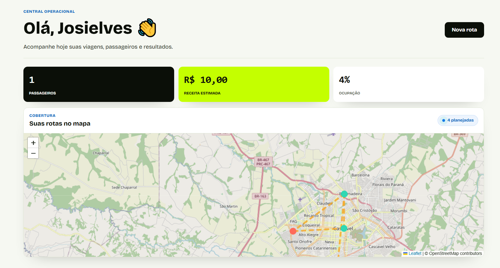 Painel do motorista com mapa das rotas